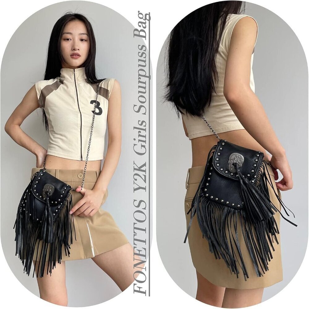 Vegan Leather Crossbody Bag Gothic Y2K Fringe Skull Tassel Halloween - Picture 2 of 7